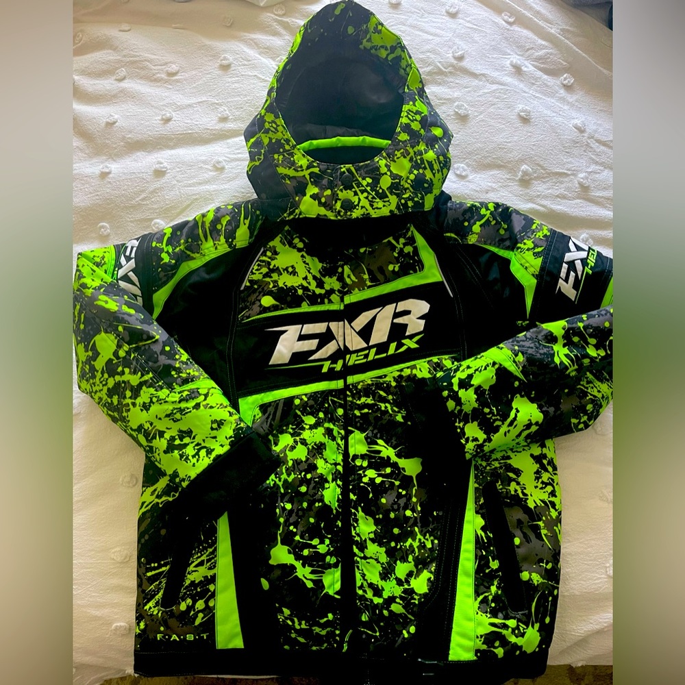 FXR Helix lime green/black kids snowmobile jacket, size 12, like new